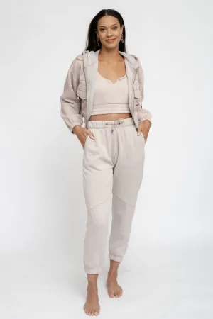 HONEY WHEAT WASHED FLEECE CROP ZIP HOODIE