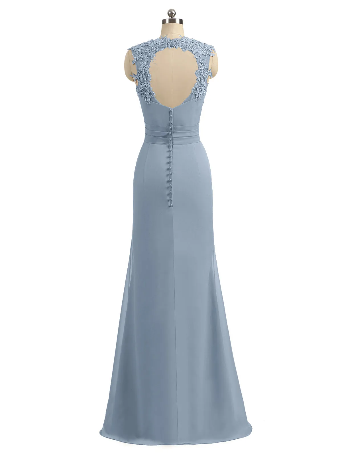 Lace Appliqued Strap Sheath Open Back Dress Dusty Blue
