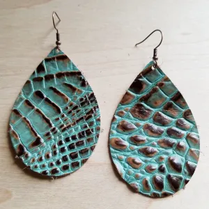 **Leather Teardrop Earrings-Brown and Turquoise Gator 217w