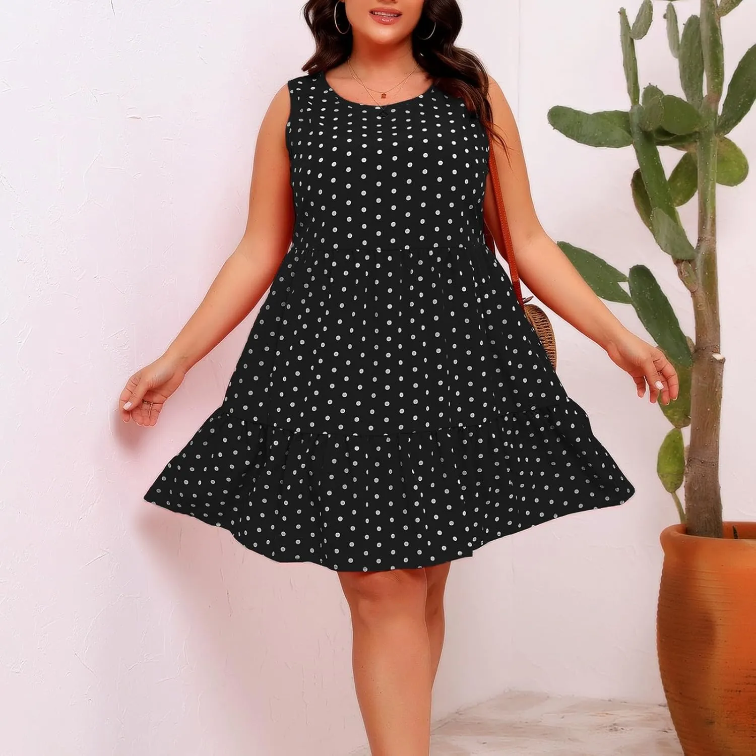 LEMONONSTORE Sundress for Women Summer Plus Size Sleeveless Polka Dot Tank Mini Dress Casual Summer Ruffle A Line Dresses