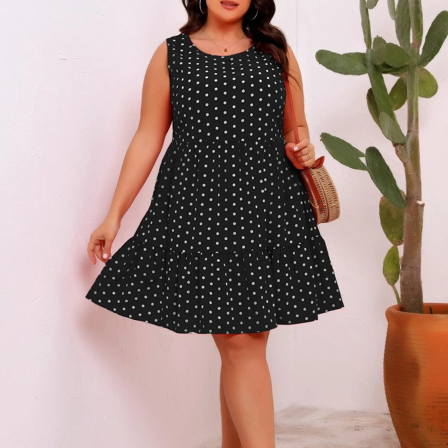 LEMONONSTORE Sundress for Women Summer Plus Size Sleeveless Polka Dot Tank Mini Dress Casual Summer Ruffle A Line Dresses