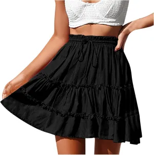 Lightweight Skirts for Women with Drawstring Layered Soft Flowy Swing High Waist Trendy Summer Beach Skirt