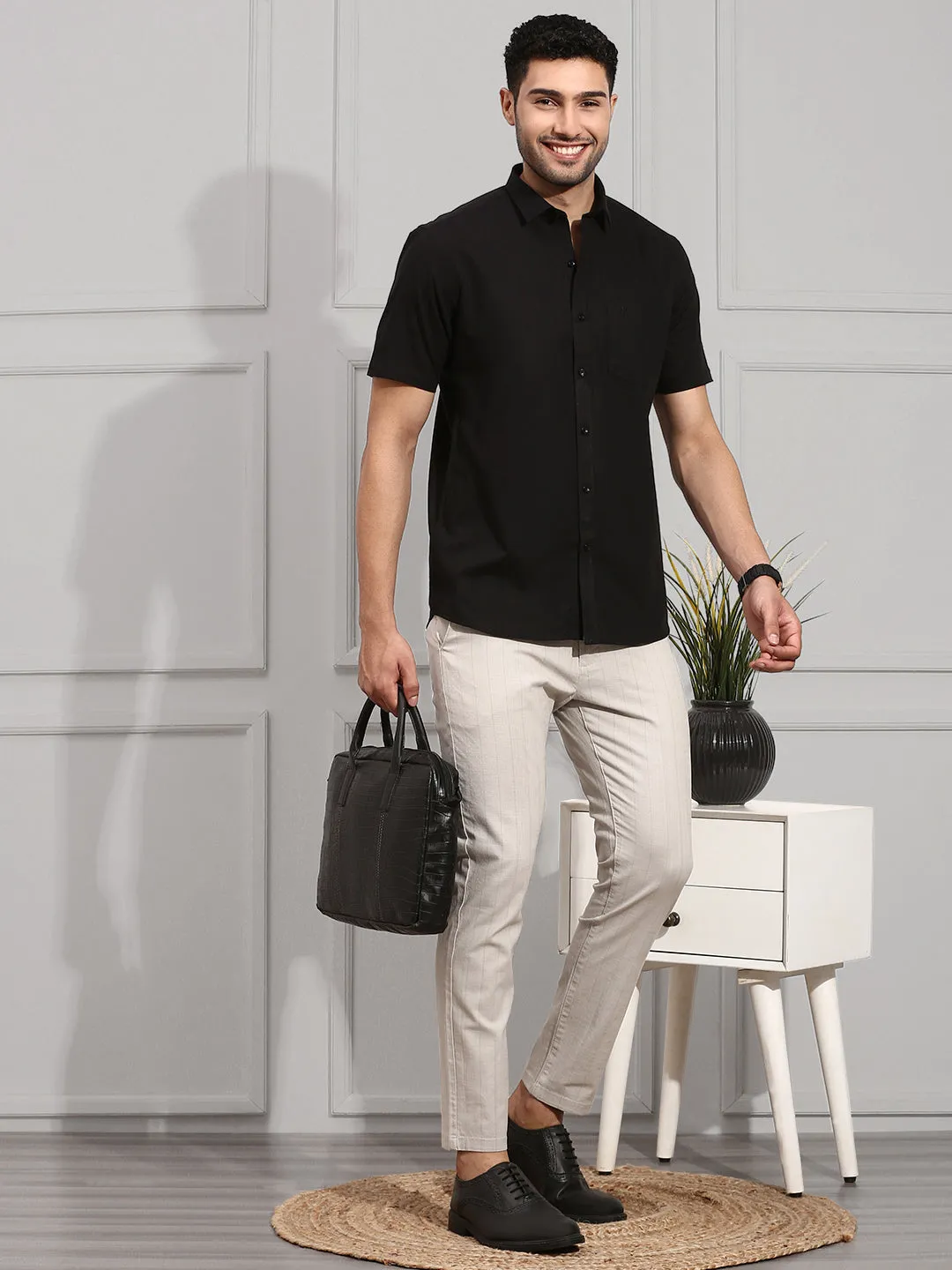 Men Cotton Blend Shirt Black T1 GC19