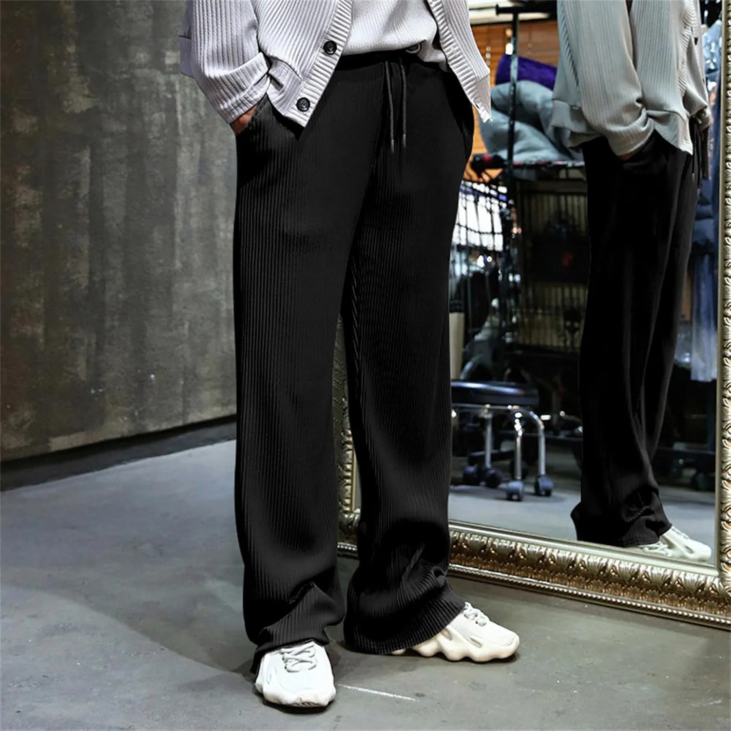 Mens Casual Corduroy Pants Drawstring Straight Harem Loose Sweatpants Elastic Waist Lightweight Fashion Trousers