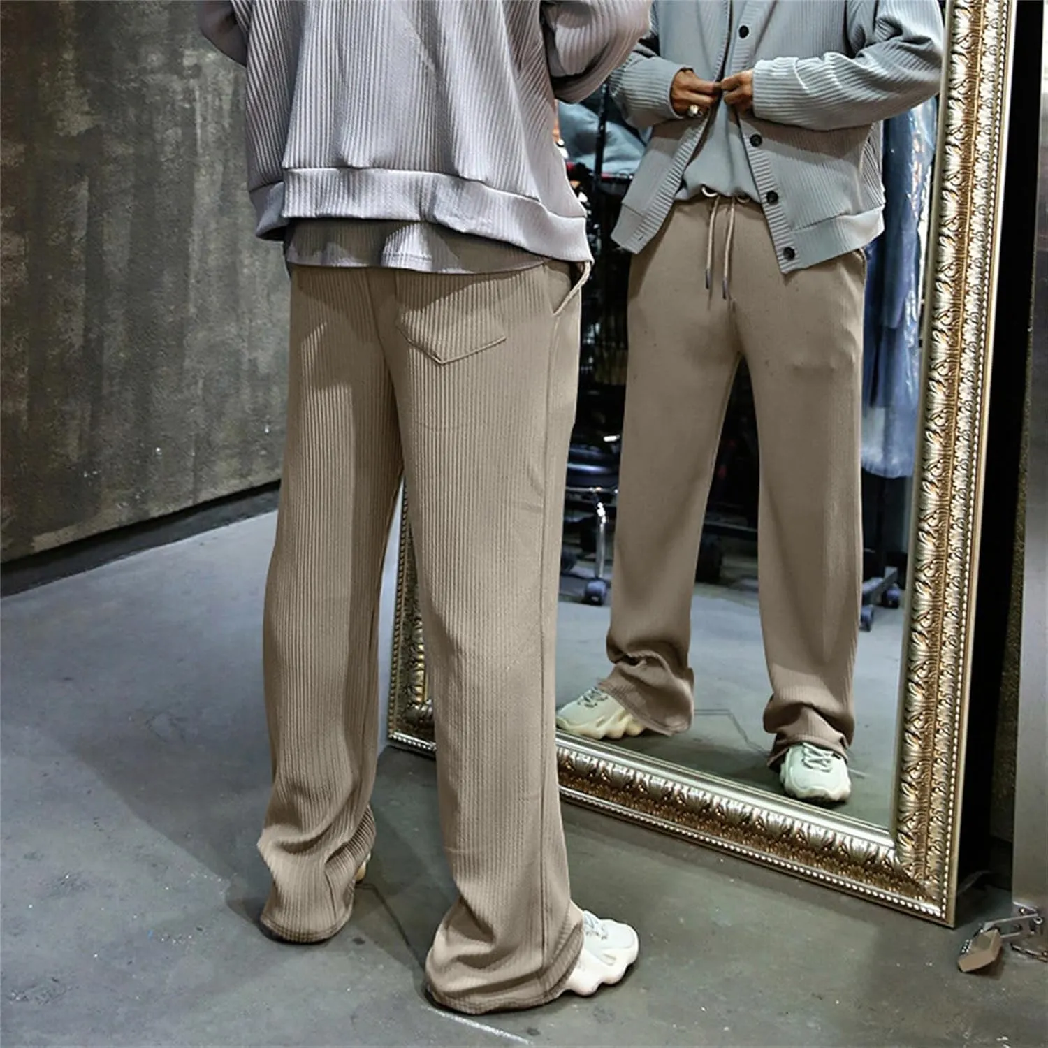 Mens Casual Corduroy Pants Drawstring Straight Harem Loose Sweatpants Elastic Waist Lightweight Fashion Trousers
