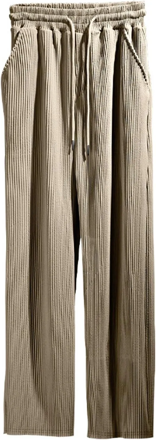 Mens Casual Corduroy Pants Drawstring Straight Harem Loose Sweatpants Elastic Waist Lightweight Fashion Trousers