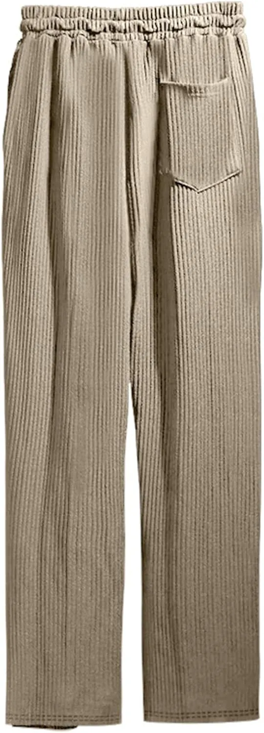 Mens Casual Corduroy Pants Drawstring Straight Harem Loose Sweatpants Elastic Waist Lightweight Fashion Trousers