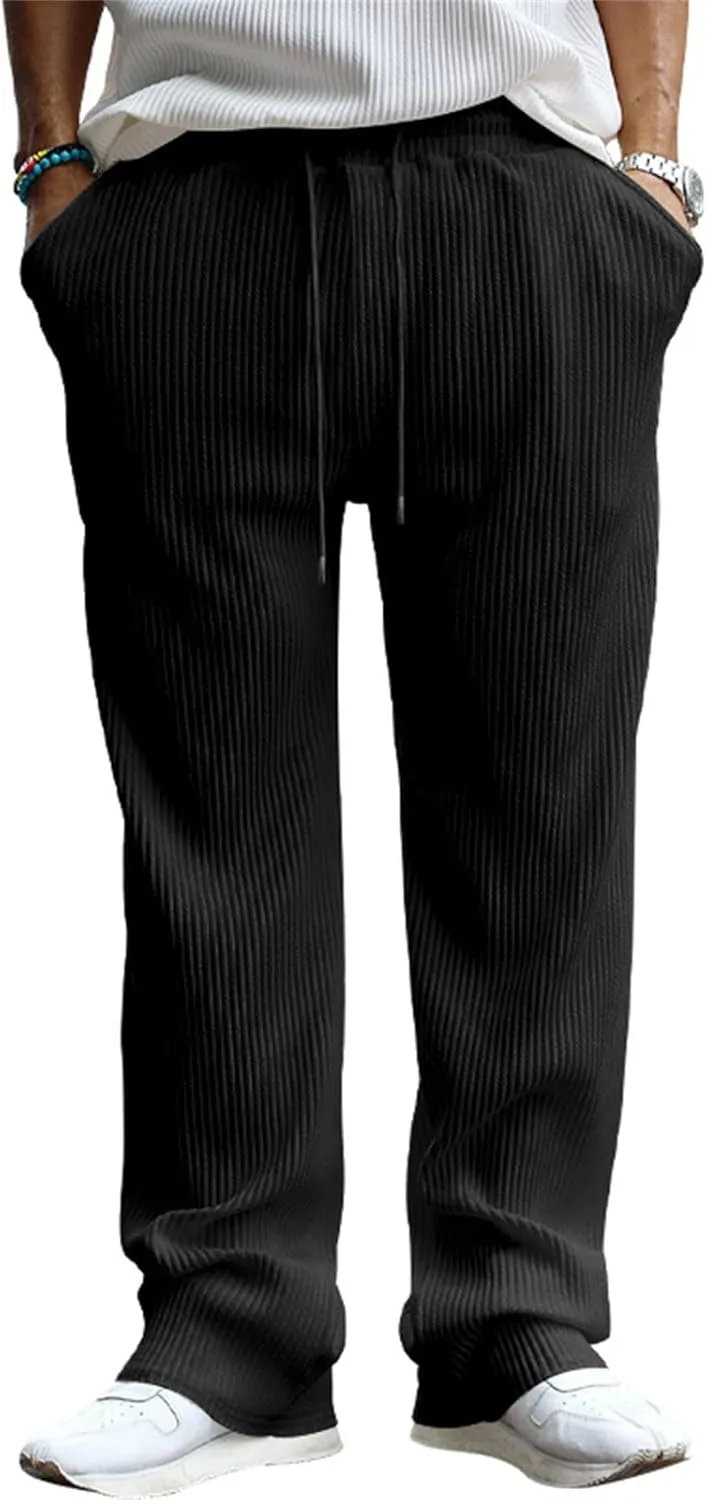 Mens Casual Corduroy Pants Drawstring Straight Harem Loose Sweatpants Elastic Waist Lightweight Fashion Trousers