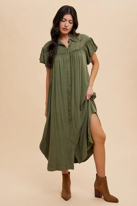 Mineral Washed Button Down Shirt Dress