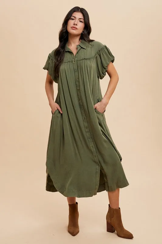 Mineral Washed Button Down Shirt Dress