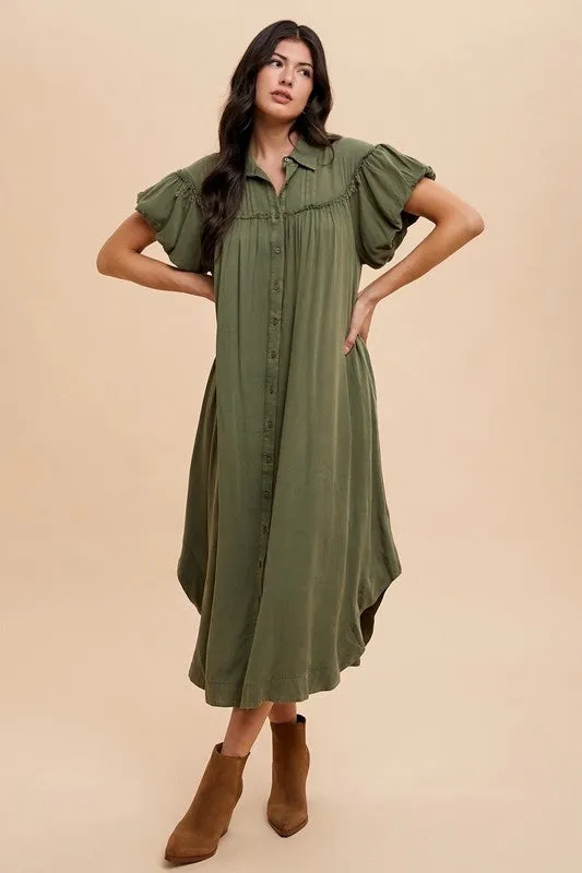 Mineral Washed Button Down Shirt Dress