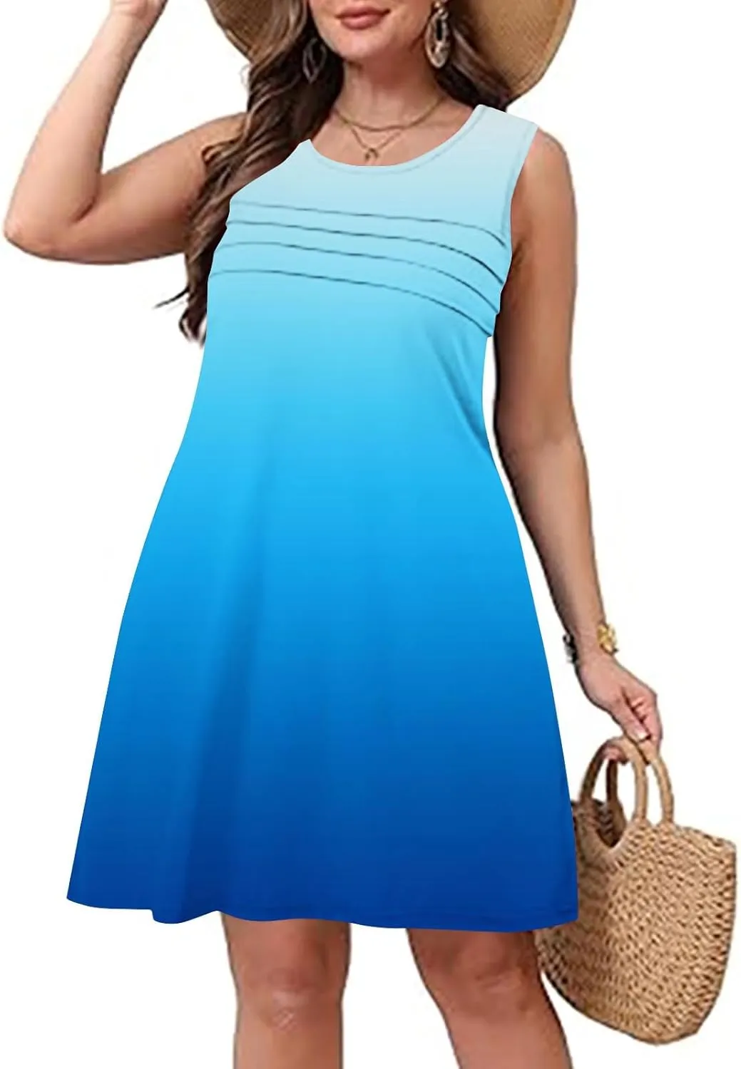 Mini Dresses for Women Casual Round Neck Short Sleeve Tunic Dress Comfy Ruched Gradient Colors Dress with Pockets