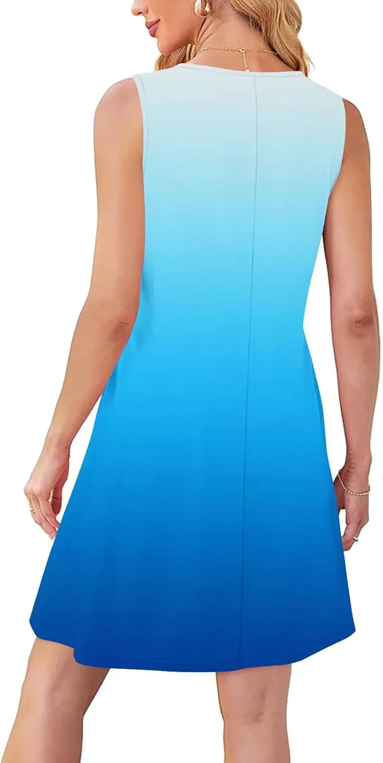 Mini Dresses for Women Casual Round Neck Short Sleeve Tunic Dress Comfy Ruched Gradient Colors Dress with Pockets