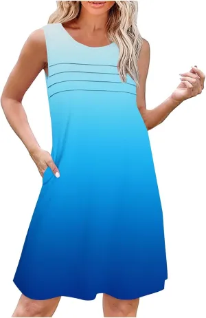 Mini Dresses for Women Casual Round Neck Short Sleeve Tunic Dress Comfy Ruched Gradient Colors Dress with Pockets