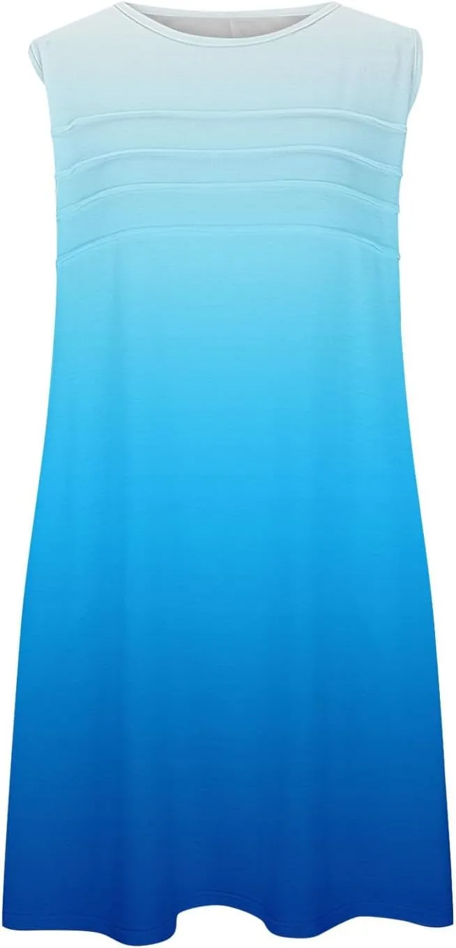 Mini Dresses for Women Casual Round Neck Short Sleeve Tunic Dress Comfy Ruched Gradient Colors Dress with Pockets