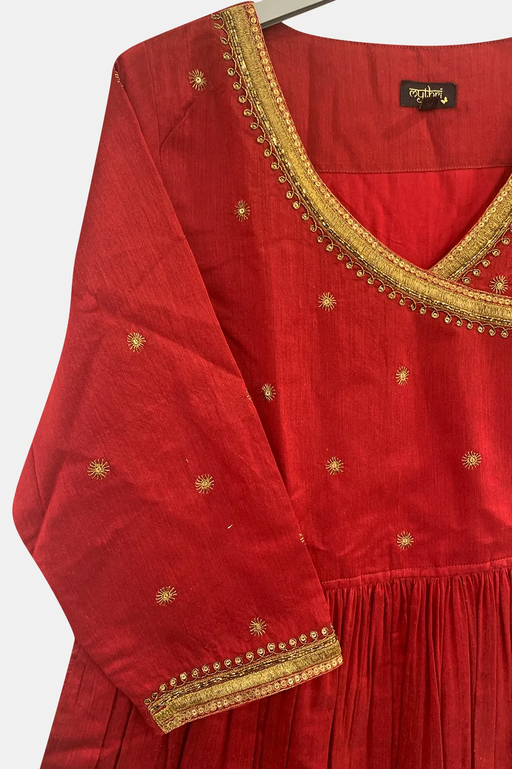 Mythri Womens V-Neck Anarkali with Zari Embellishment 3/4th Sleeves - Red - KU48