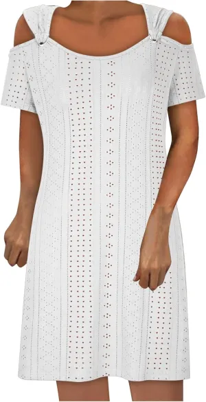 Mzkdieey Women Eyelet Embroidery Cold Shoulder T Shirt Dress Summer Short Sleeve Scoop Neck Sweet Ring Straps Beach Sundress