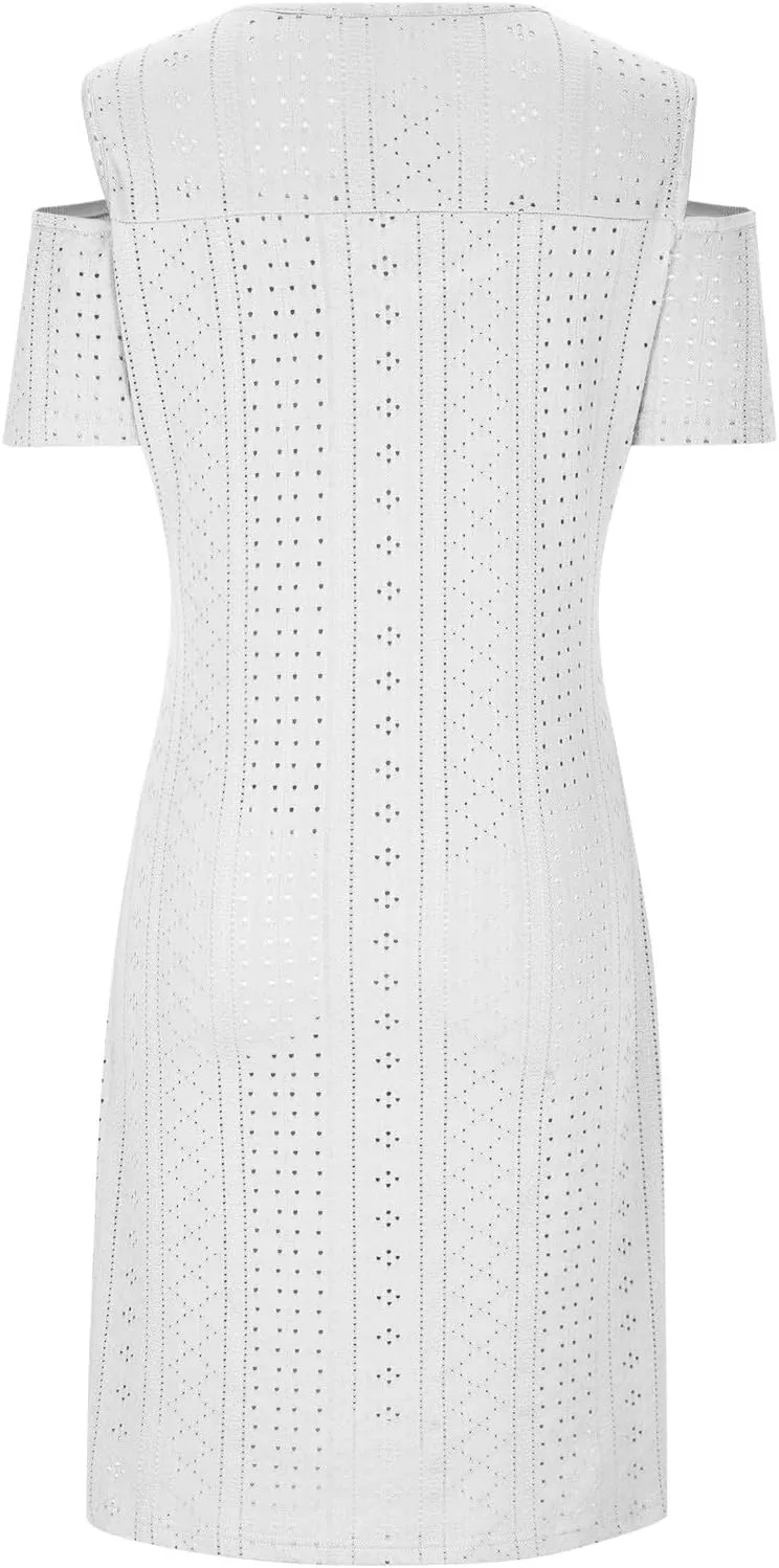 Mzkdieey Women Eyelet Embroidery Cold Shoulder T Shirt Dress Summer Short Sleeve Scoop Neck Sweet Ring Straps Beach Sundress