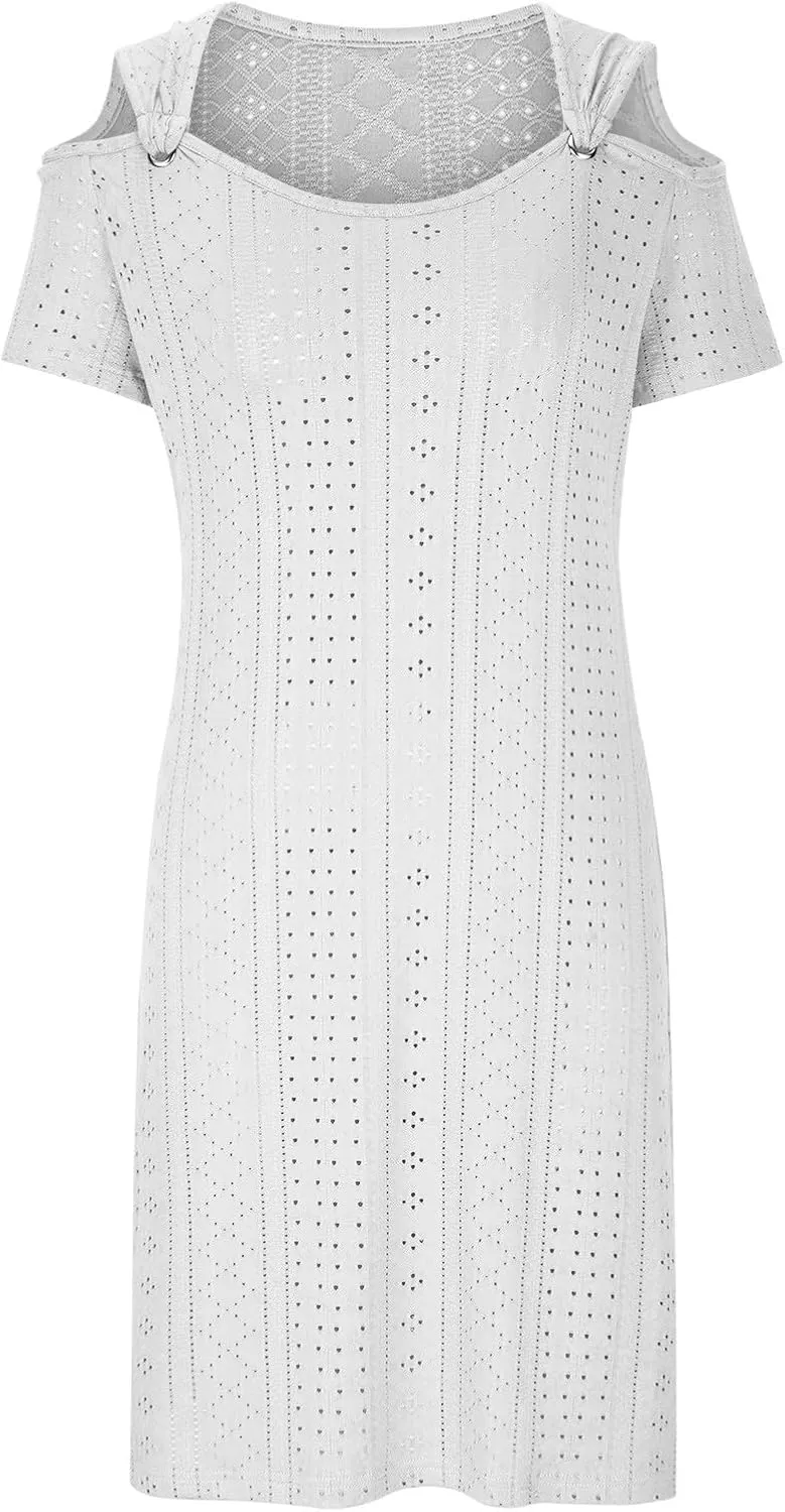 Mzkdieey Women Eyelet Embroidery Cold Shoulder T Shirt Dress Summer Short Sleeve Scoop Neck Sweet Ring Straps Beach Sundress