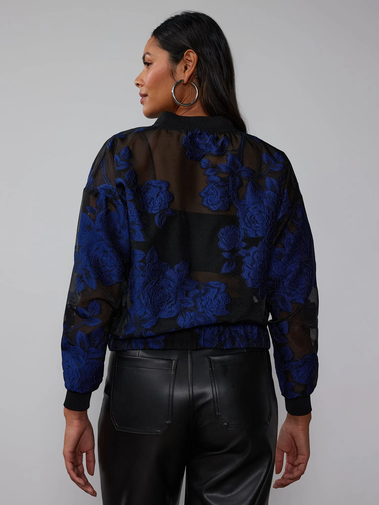 Navy Black Brocade Floral Bomber Jacket