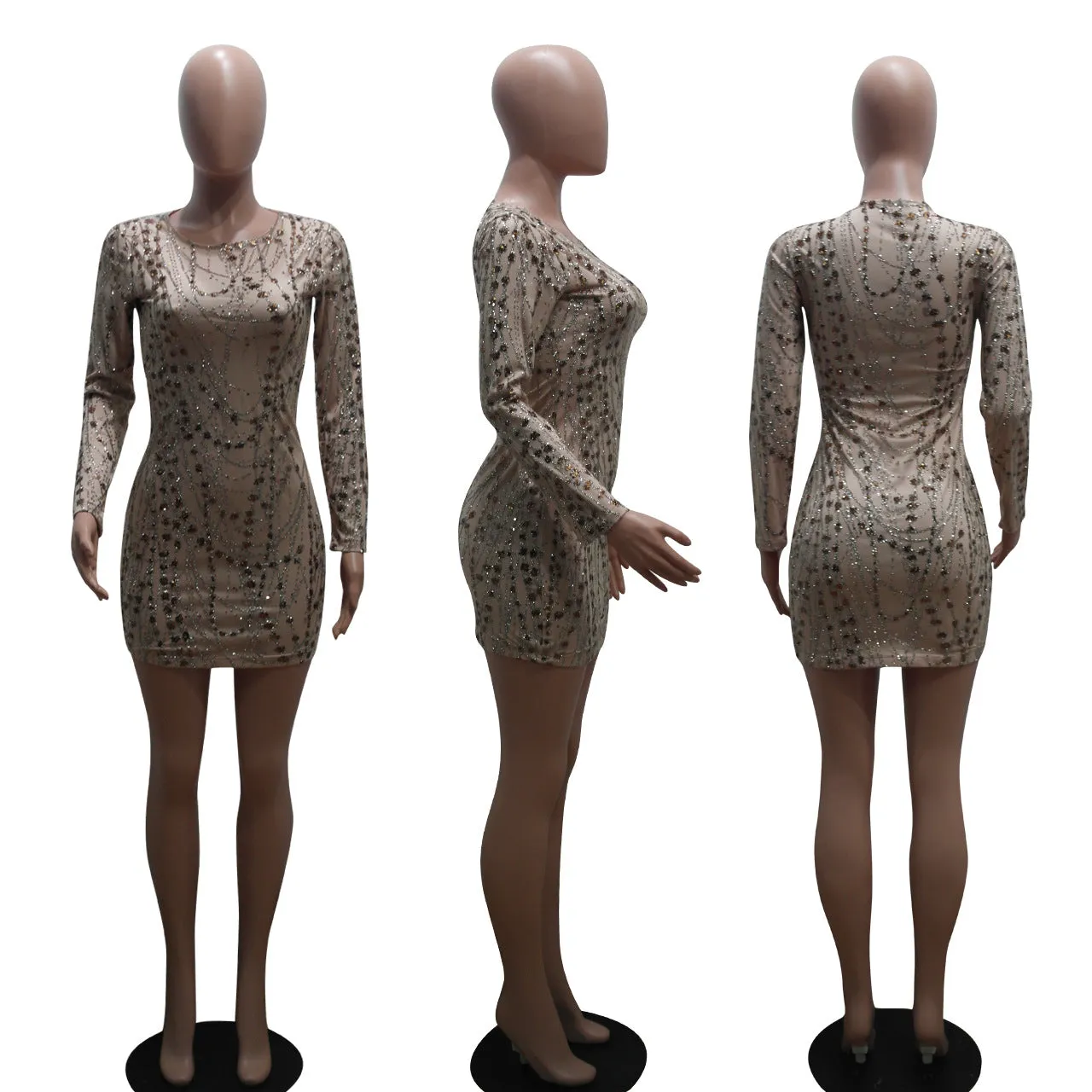 O-Neck Transparent Long Sleeves Short Club Dress