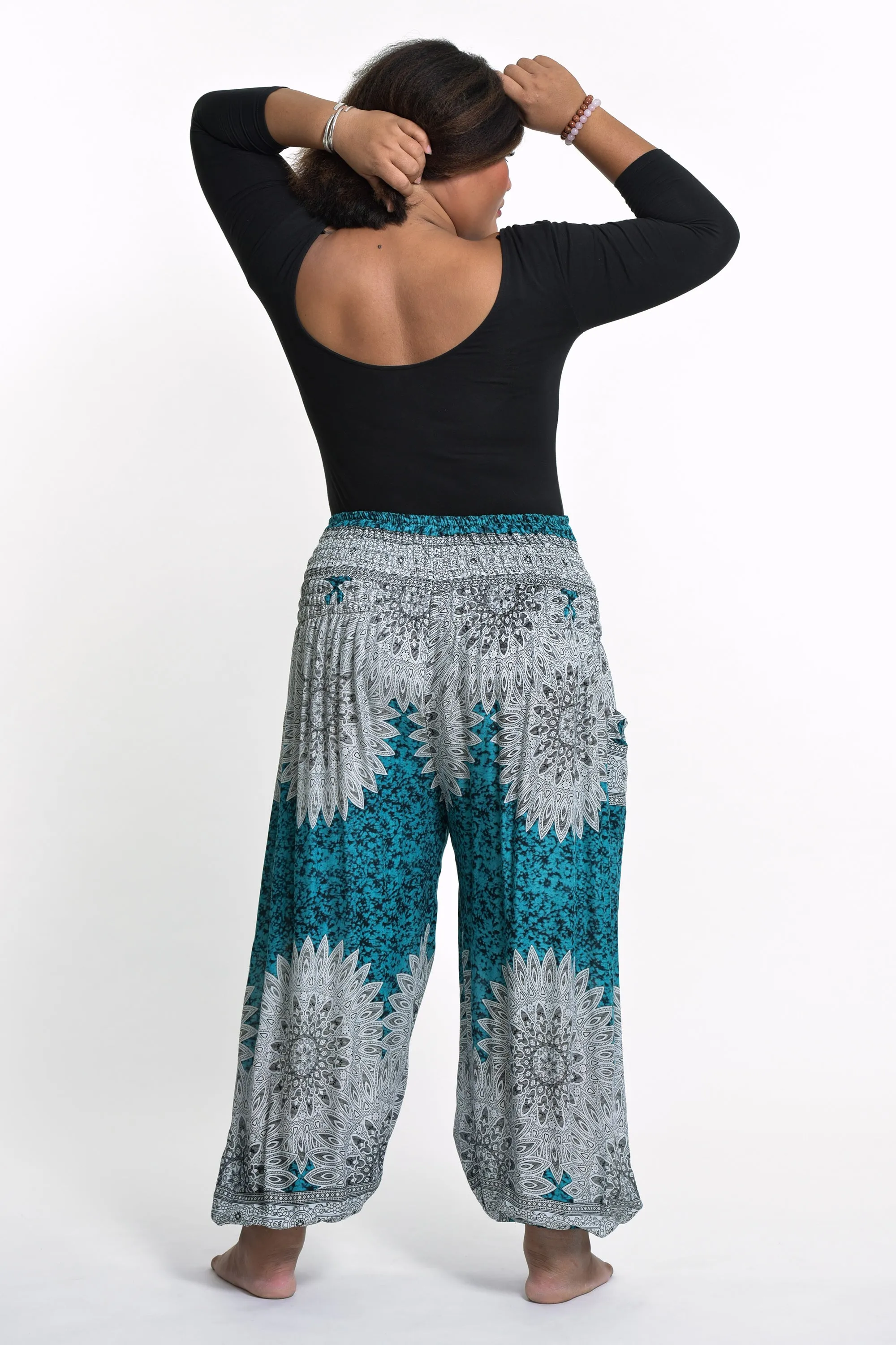 Plus Size Marble Mandalas Women's Harem Pants in Turquoise