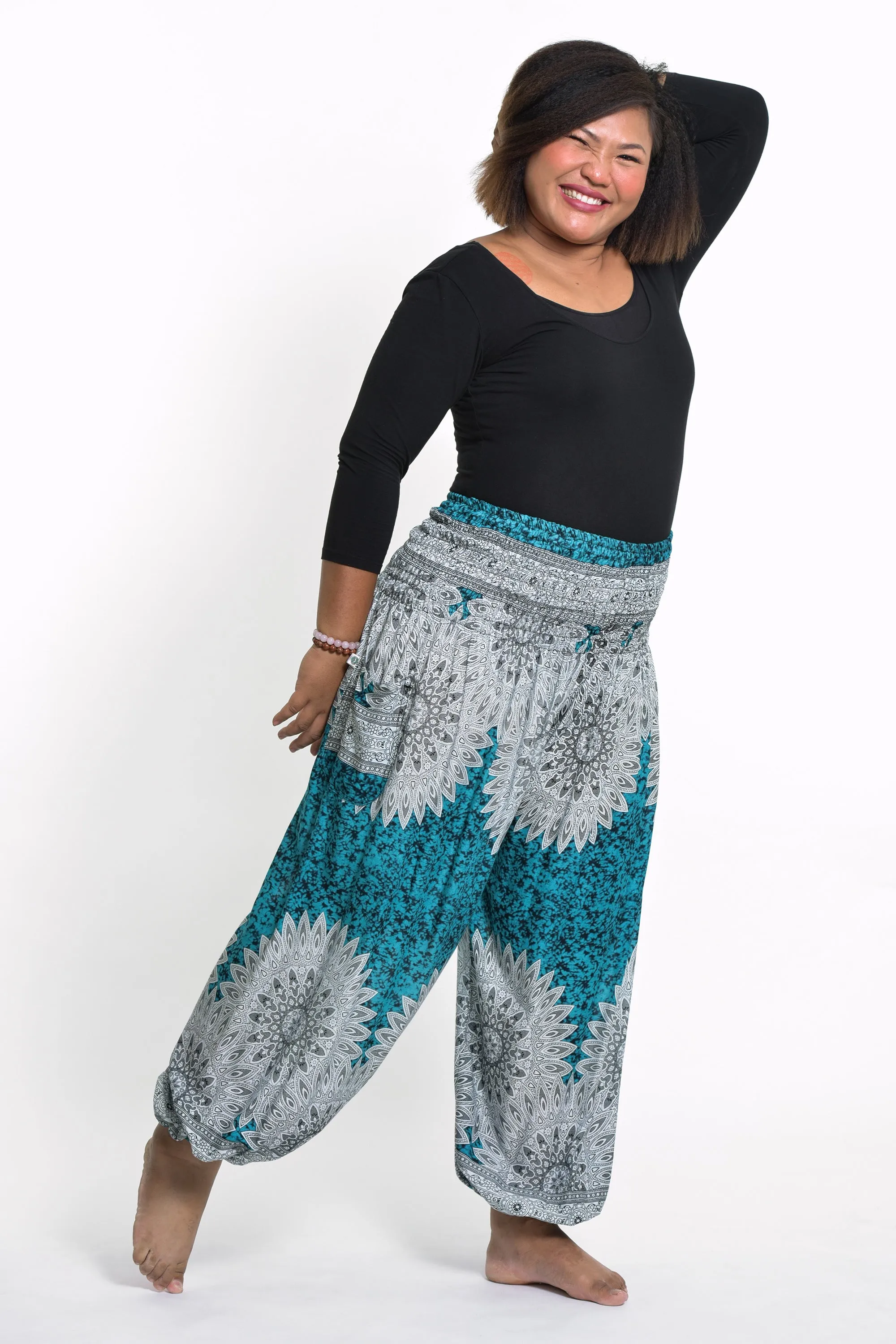 Plus Size Marble Mandalas Women's Harem Pants in Turquoise