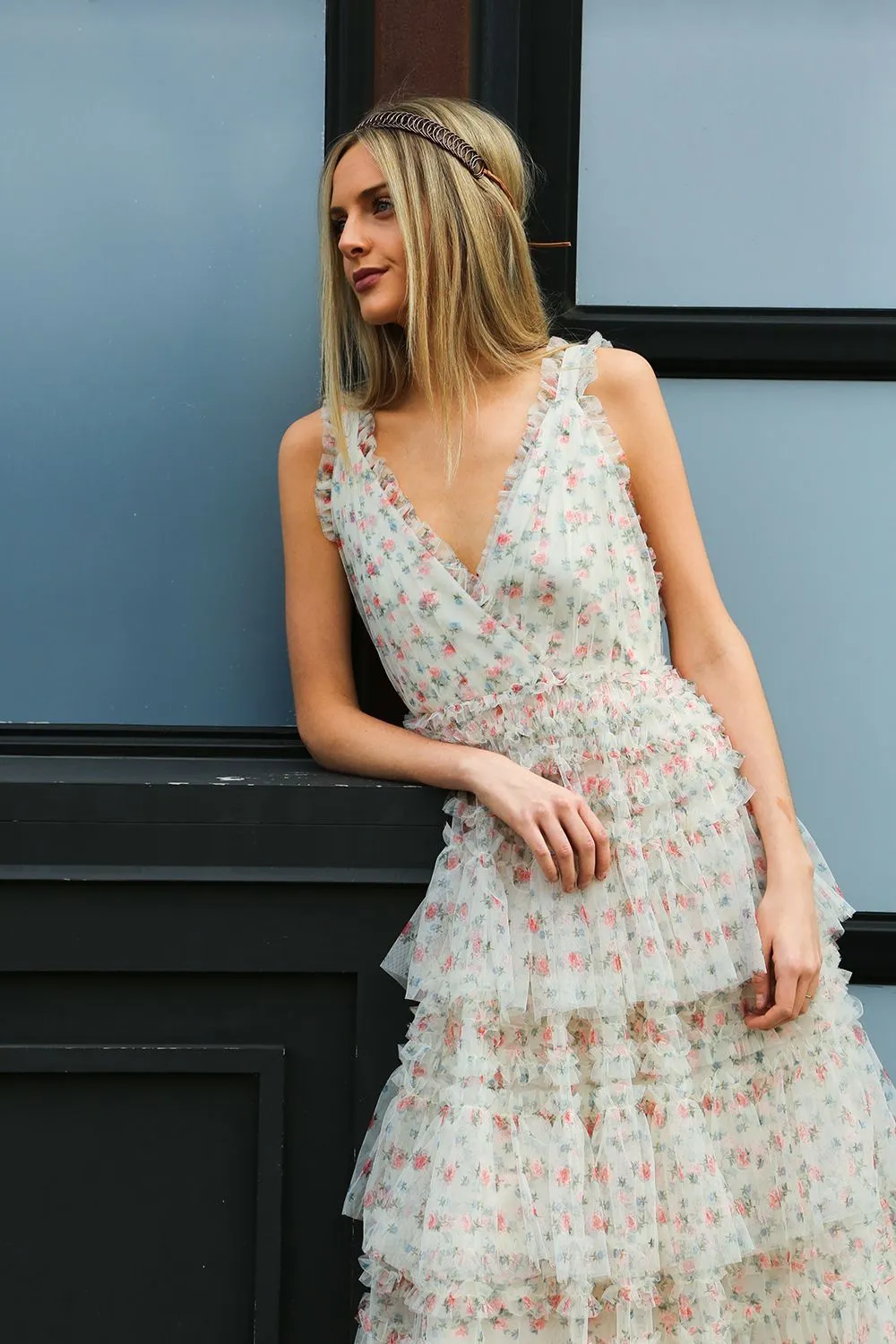 Printed Mesh Long Dress With Frill & Ruffle Detail