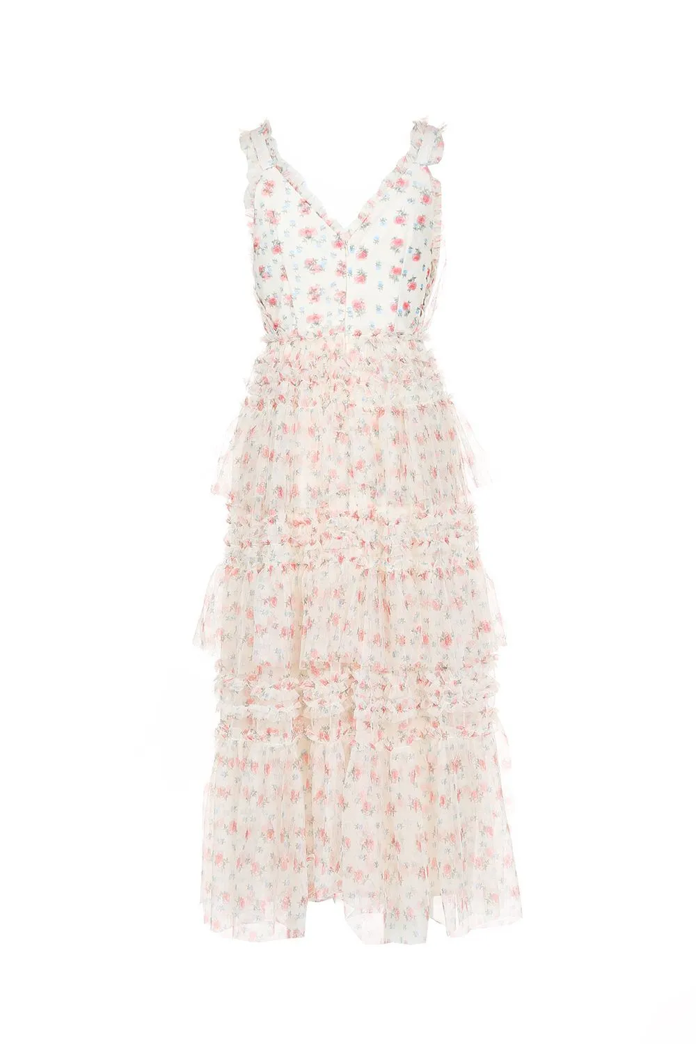 Printed Mesh Long Dress With Frill & Ruffle Detail