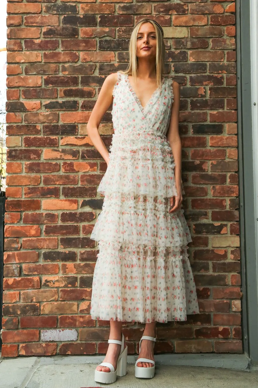 Printed Mesh Long Dress With Frill & Ruffle Detail
