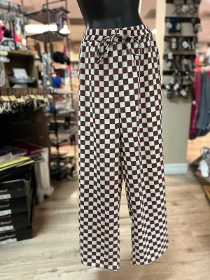 "Brown Checkered Elastic Waist" Wide Legged Pants