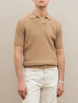 Rib-Knitted No Button Polo Shirt Beige