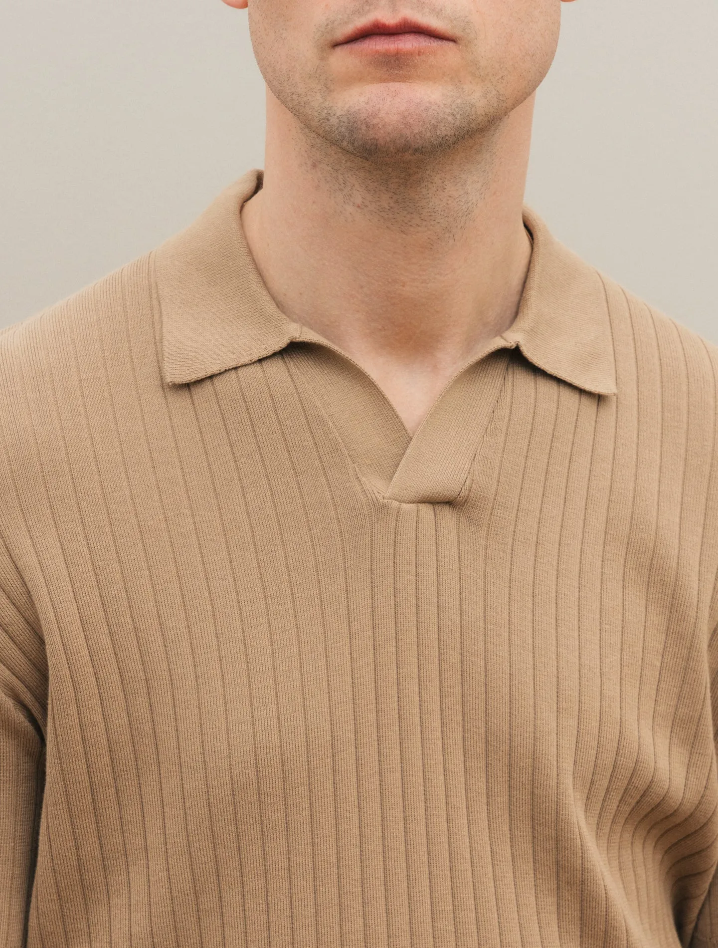 Rib-Knitted No Button Polo Shirt Beige