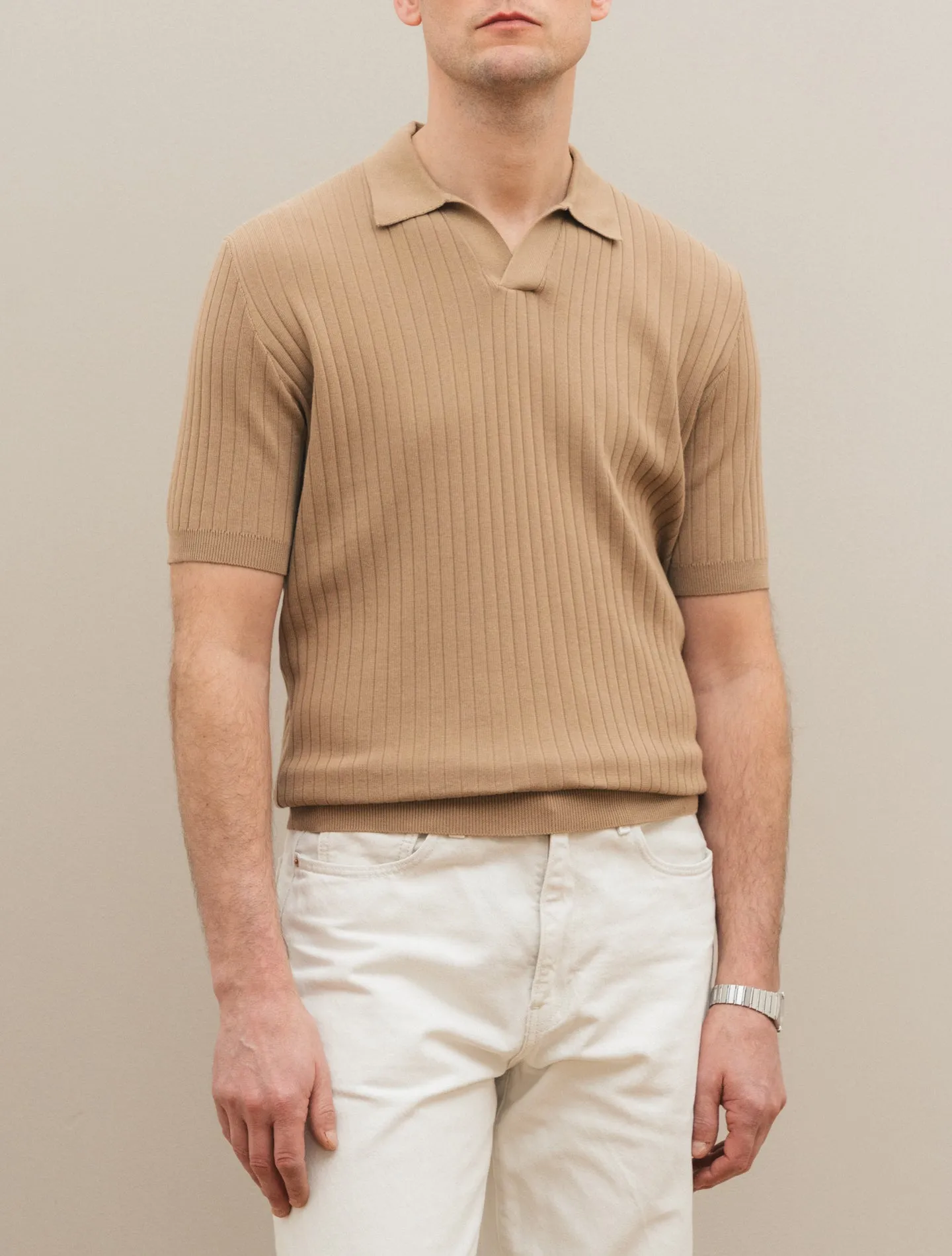 Rib-Knitted No Button Polo Shirt Beige