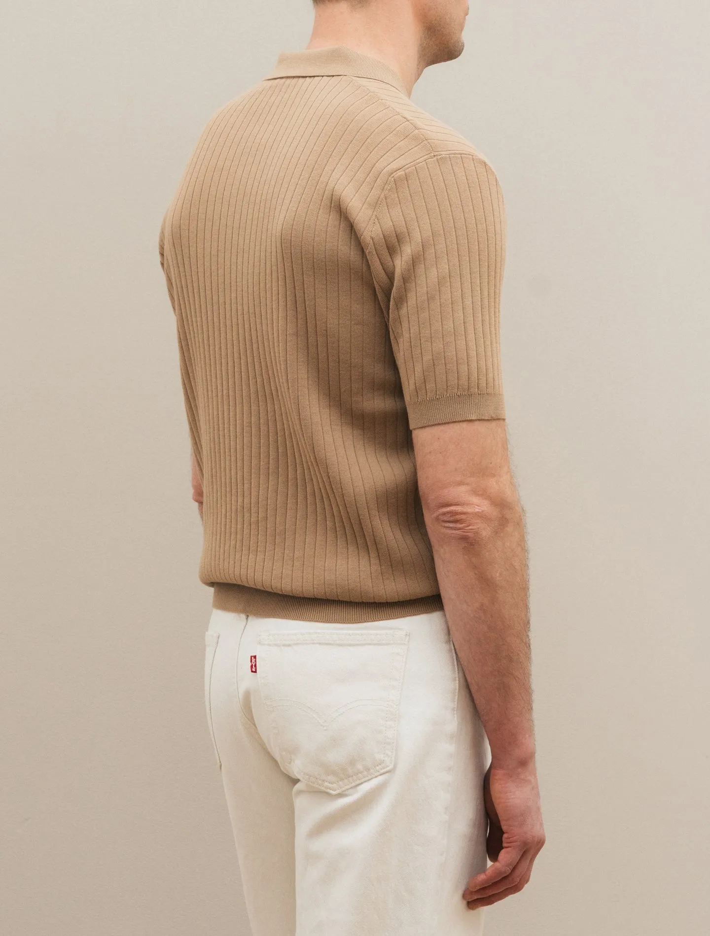 Rib-Knitted No Button Polo Shirt Beige