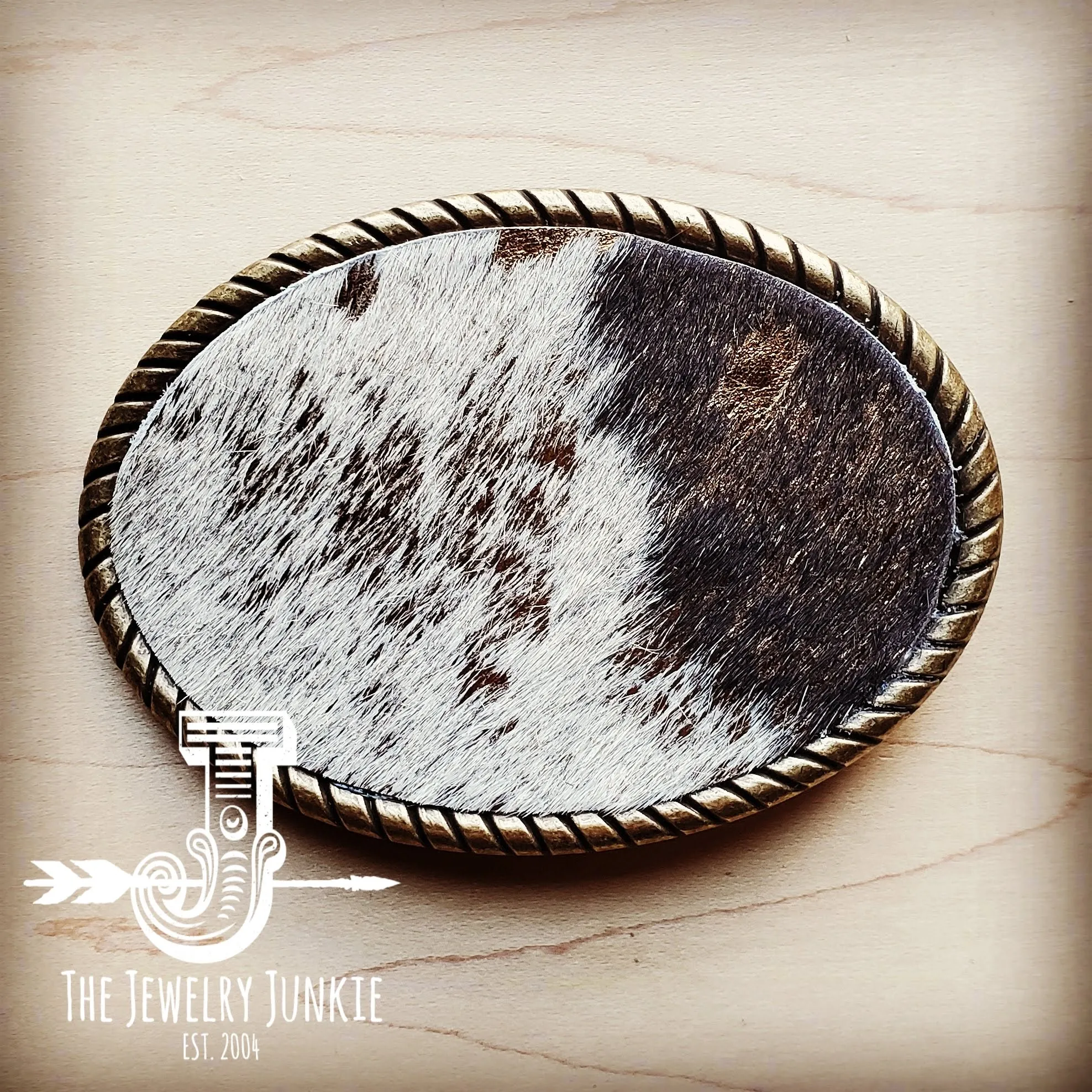 Rope Edge Mixed Metallic Hair on Hide Leather Belt Buckle 902c