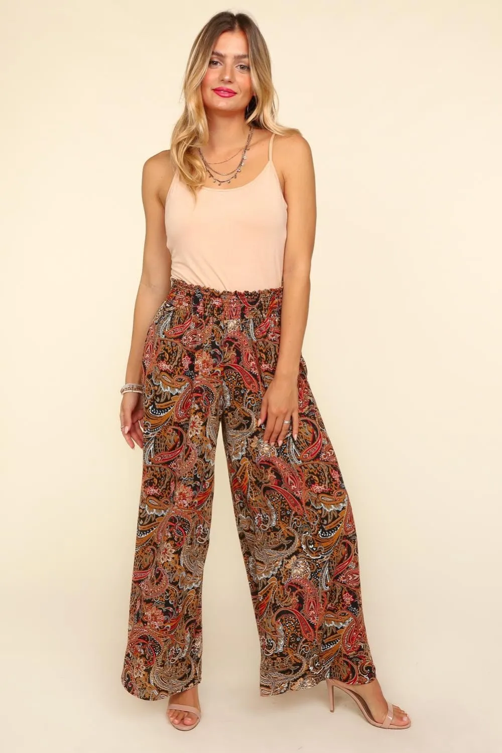 Smocked Waist Paisley Bohemian Print Pants
