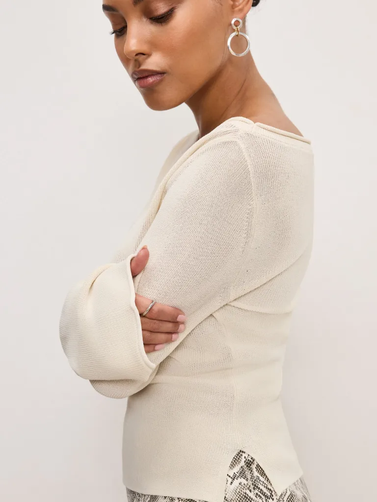 Stretch Rib Knit Boatneck Top