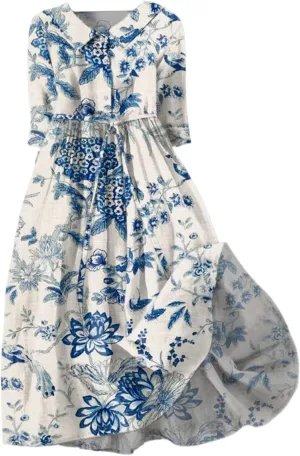 Summer Dresses for Women 2024 Boho Floral Lapel Neck Button Casual A-Line Lace-Up Dress Easter Dress Maternity