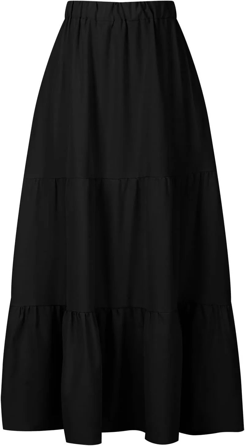 Summer Skirts Women 2025 Tiered Long Skirts Elastic Waisted Casual Skirts Solid A Line Boho Skirts Flowy Beach Skirt