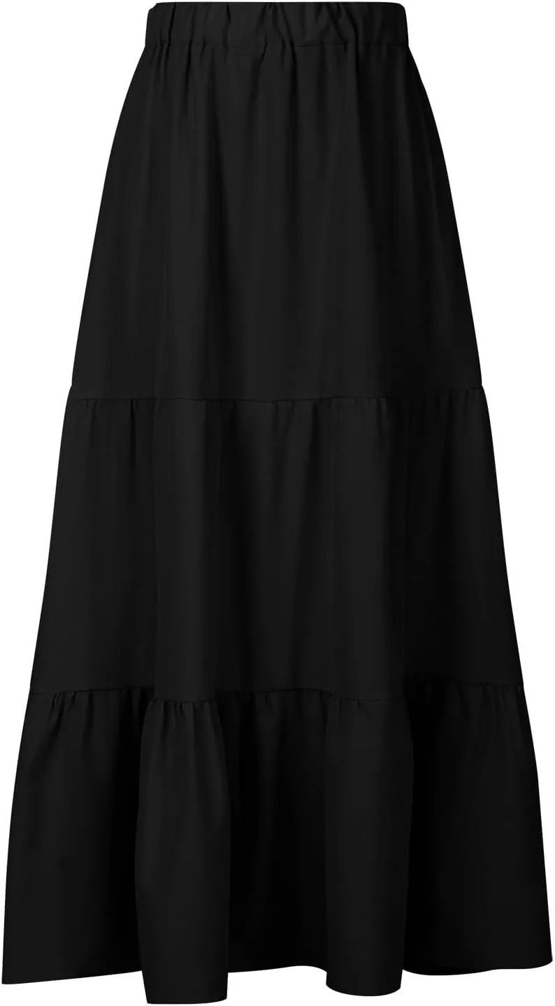 Summer Skirts Women 2025 Tiered Long Skirts Elastic Waisted Casual Skirts Solid A Line Boho Skirts Flowy Beach Skirt