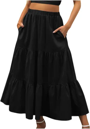 Summer Skirts Women 2025 Tiered Long Skirts Elastic Waisted Casual Skirts Solid A Line Boho Skirts Flowy Beach Skirt