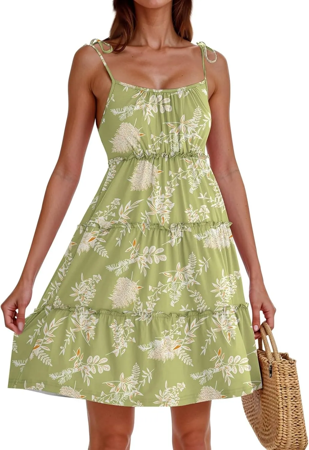 Sundresses for Women 2025 Floral Tiered Mini Skater Dress Cute Summer Spaghetti Strap Flowy Babydoll Sun Dress