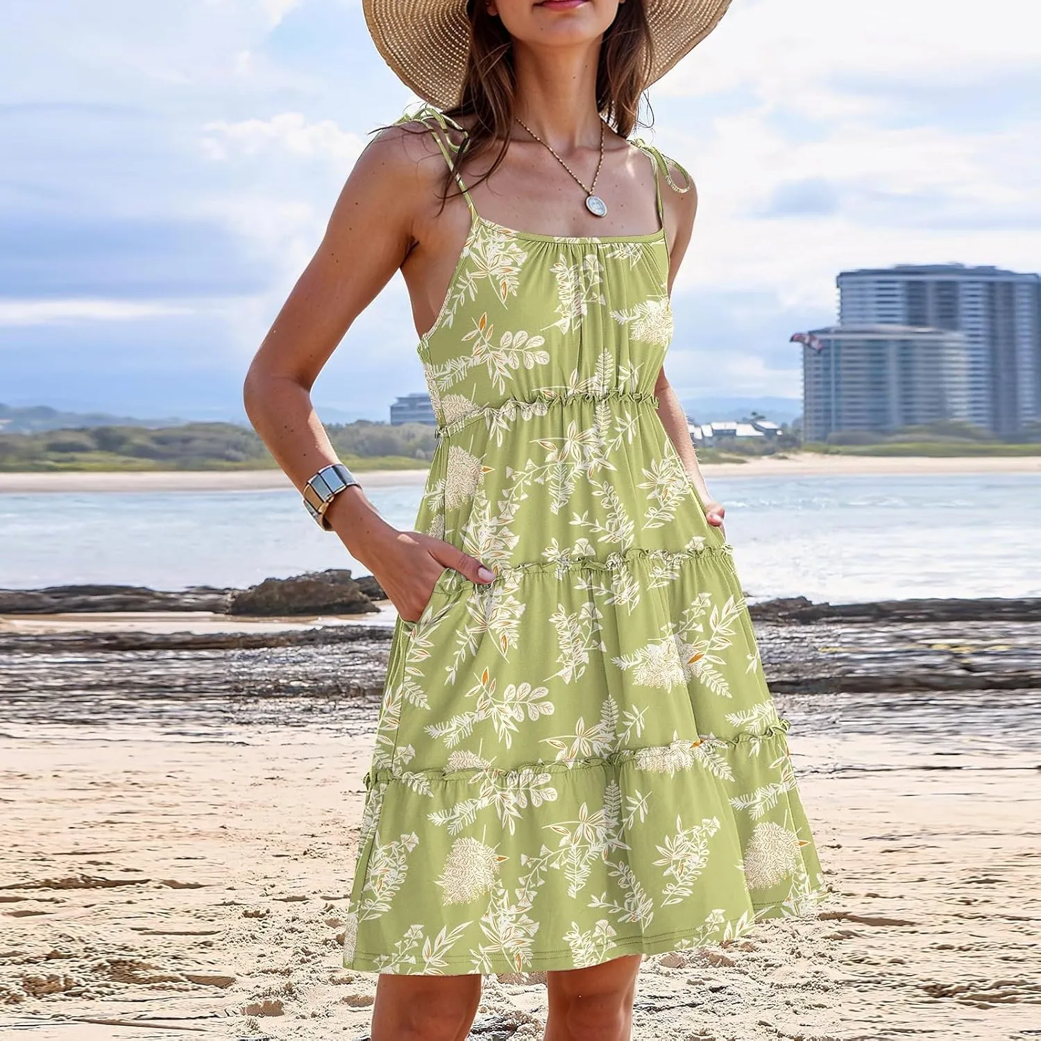 Sundresses for Women 2025 Floral Tiered Mini Skater Dress Cute Summer Spaghetti Strap Flowy Babydoll Sun Dress
