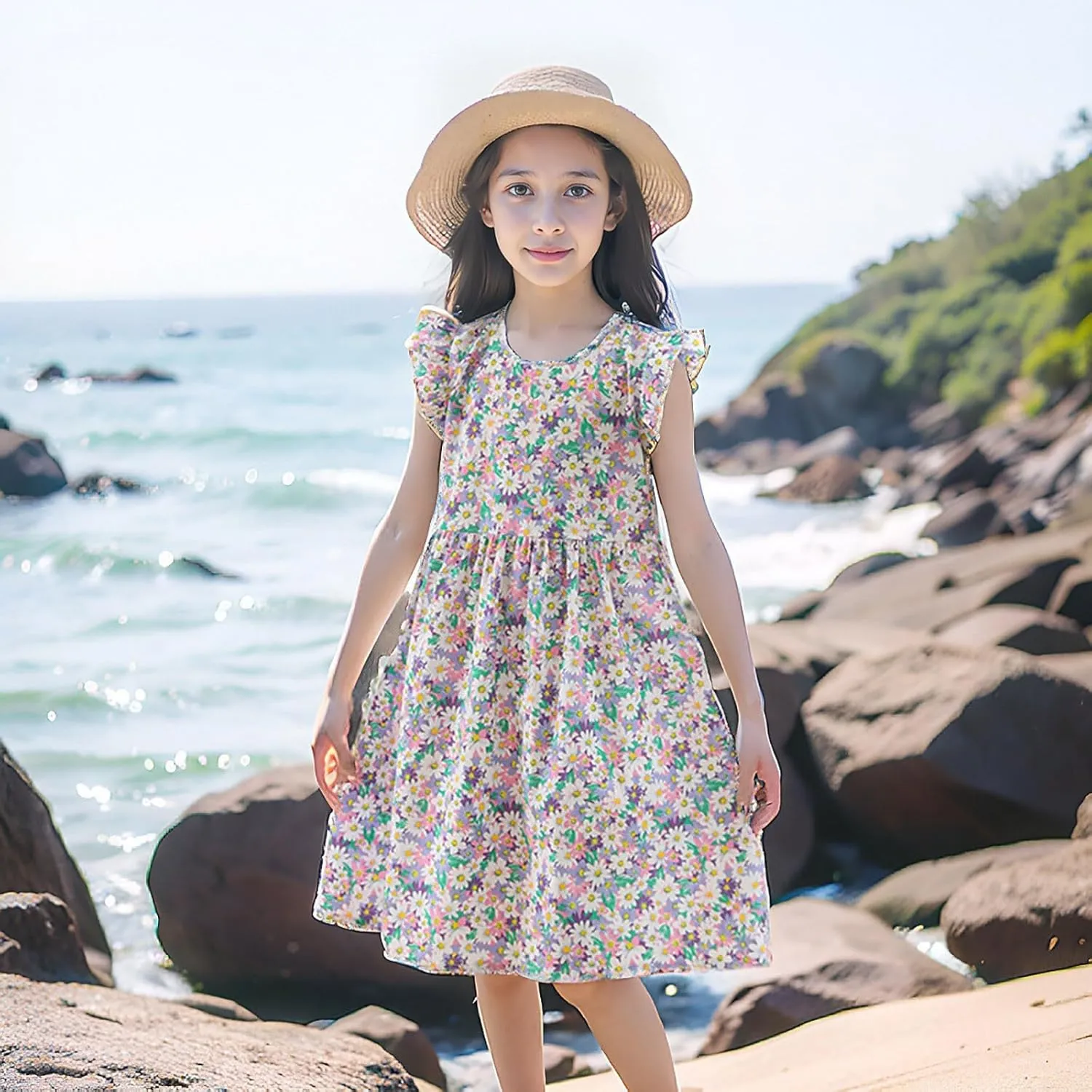 Toddler Dress Girls Ruffle Short Sleeve Summer Beach Dresses Casual Solid Color Cotton Sundress Tea Party Clothes