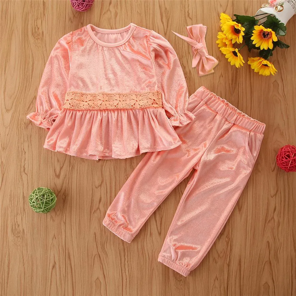 Toddler Girls Long Sleeve Solid Top & Pants & Headband Girl Wholesale