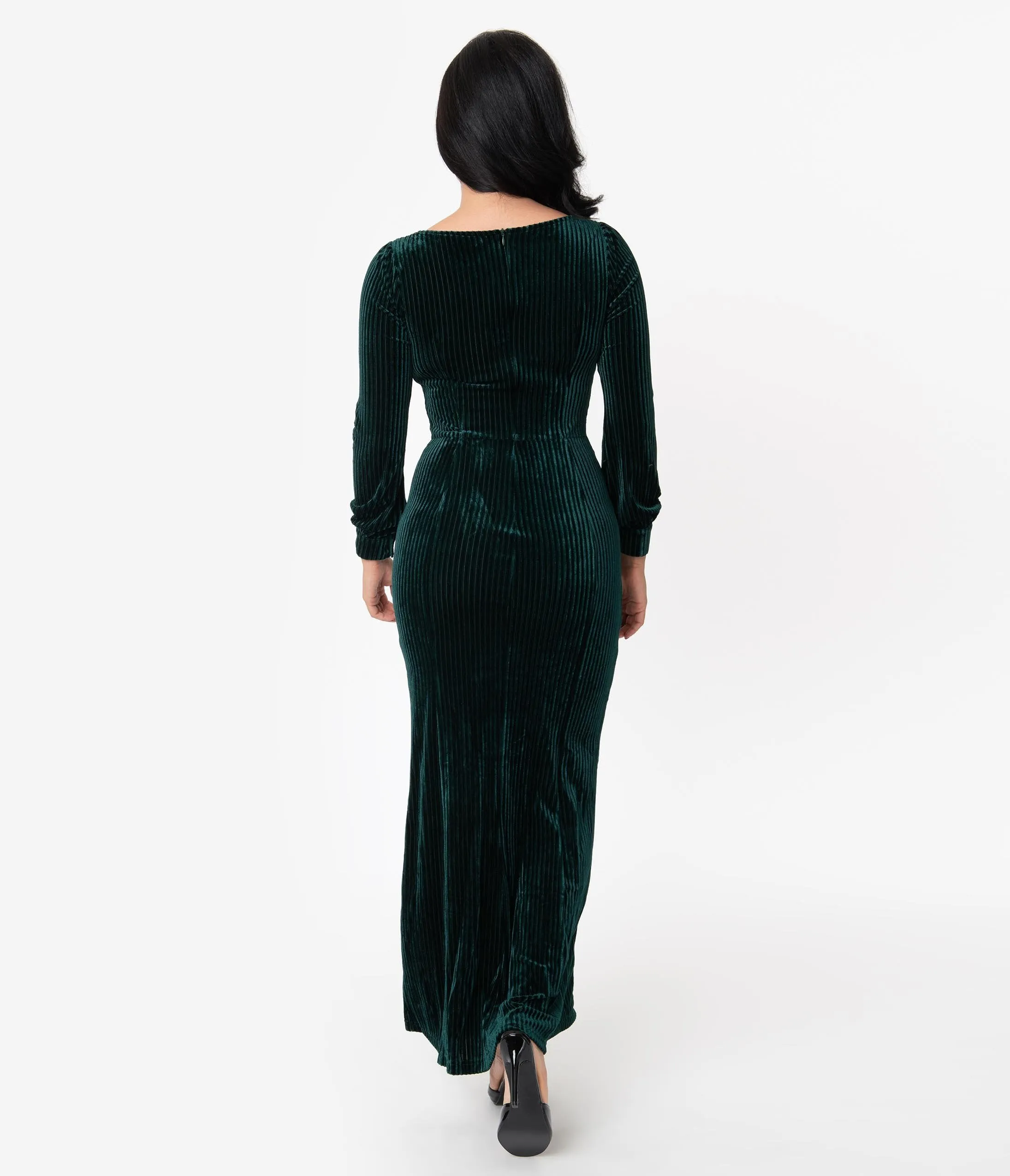 Voodoo Vixen 1930s Style Green Jewel Velvet Long Sleeve Maxi Dress