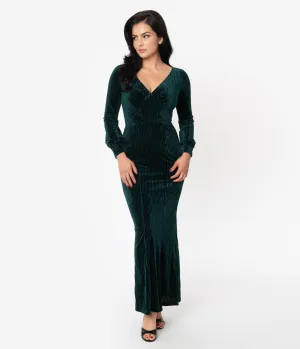 Voodoo Vixen 1930s Style Green Jewel Velvet Long Sleeve Maxi Dress