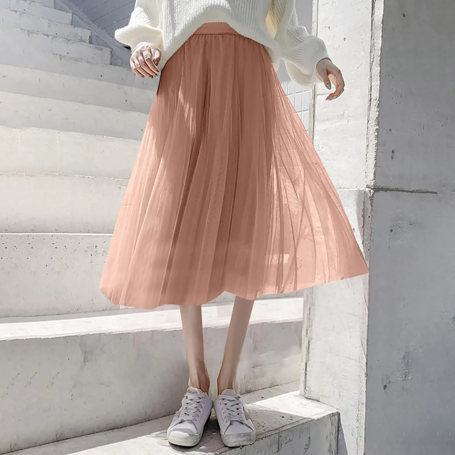 Women Flowy Tulle Swing Skirt, Elastic High Waist Tummy Control Casual A-Line Skirts Streetwear Trendy Midi Clothes