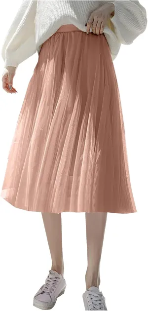 Women Flowy Tulle Swing Skirt, Elastic High Waist Tummy Control Casual A-Line Skirts Streetwear Trendy Midi Clothes